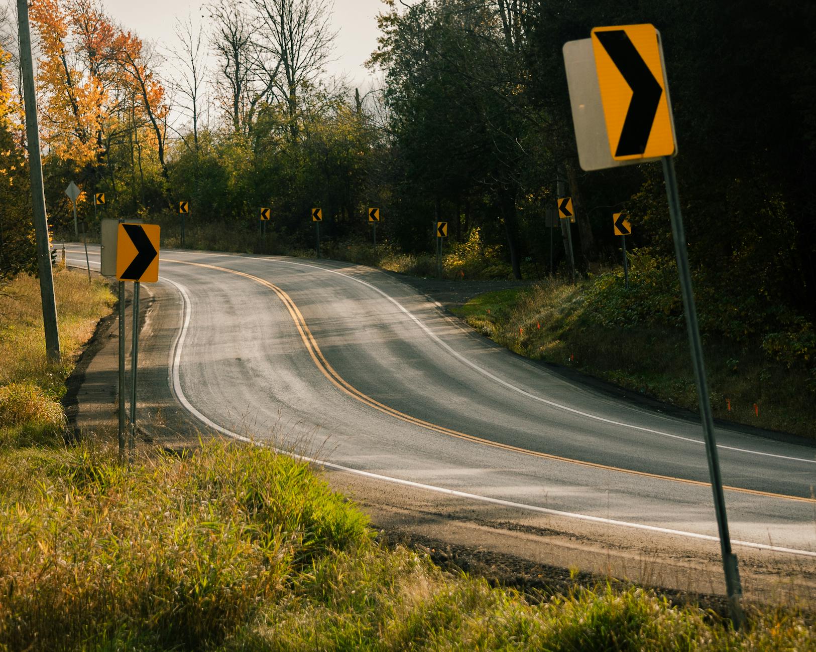 Pusta kręta szosa z oznakowaniem w jesiennym krajobrazie